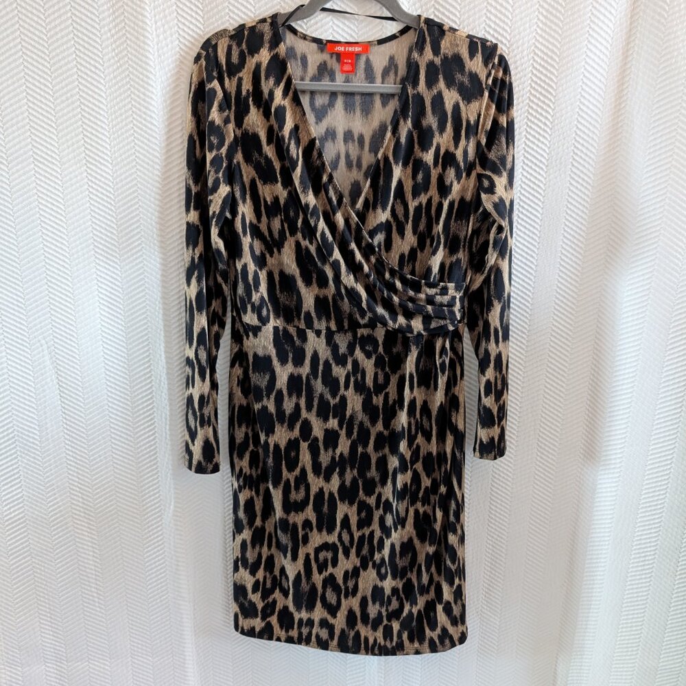 Joe Fresh Animal Print Wrap Style Dress Stretch Long Sleeves Leopard Size Medium